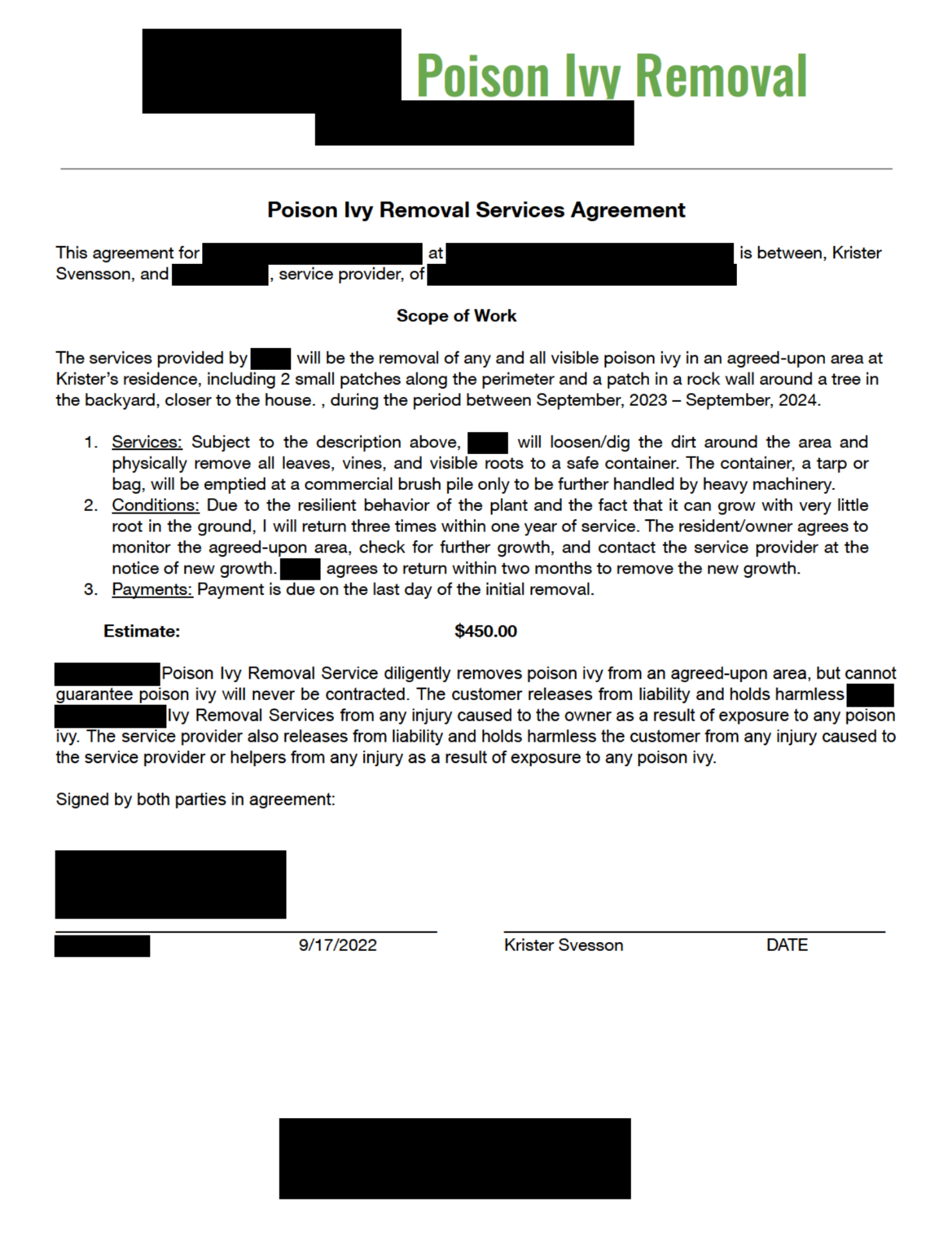 Redacted 2022 proposal received as a homeowner from a local landscaper for poison ivy removal