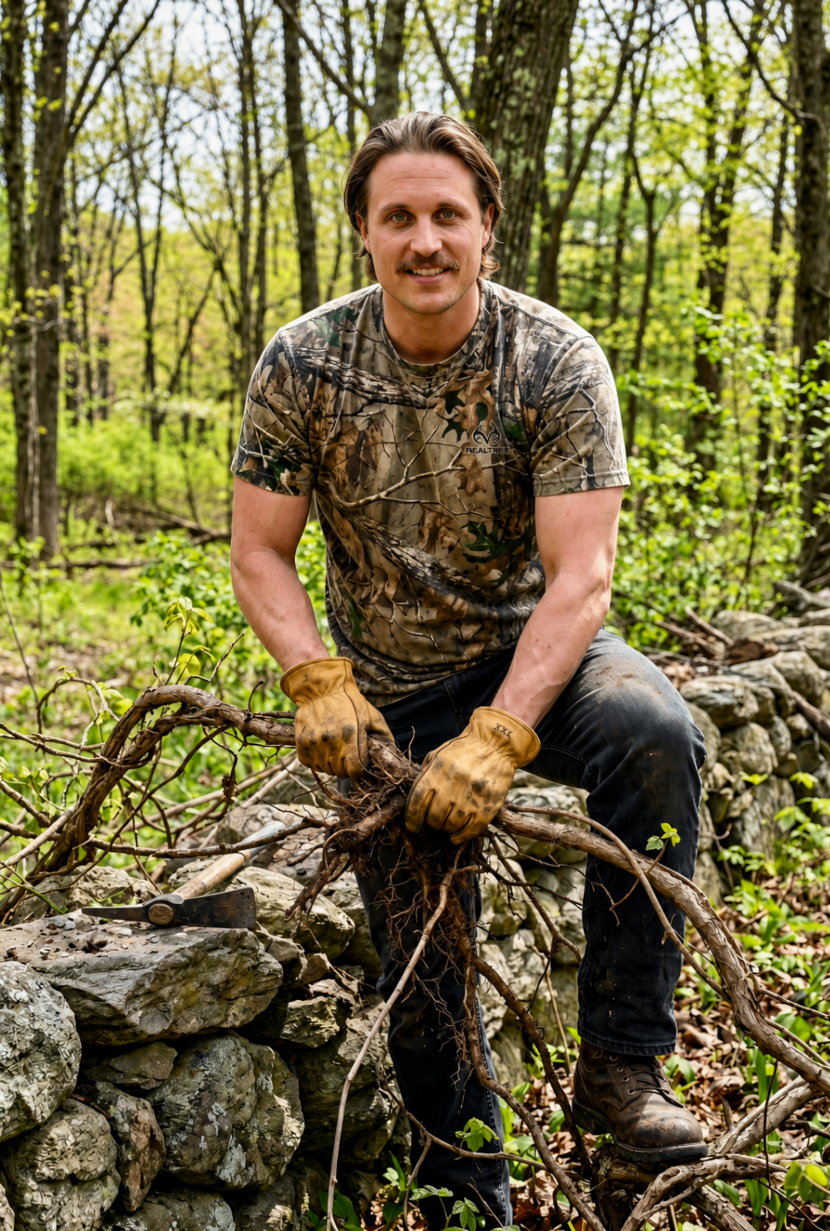 Krister Svensson, founder of Weston Ivy League, hand-pulling poison ivy in a Weston, Massachusetts yard
